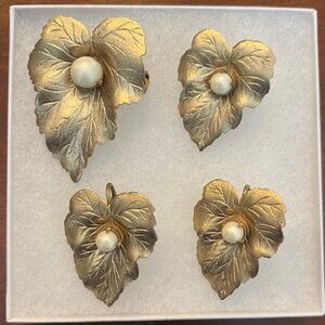 Vintage Sarah Coventry Gold Tone Faux Pearl Leaf Brooches and Earrings